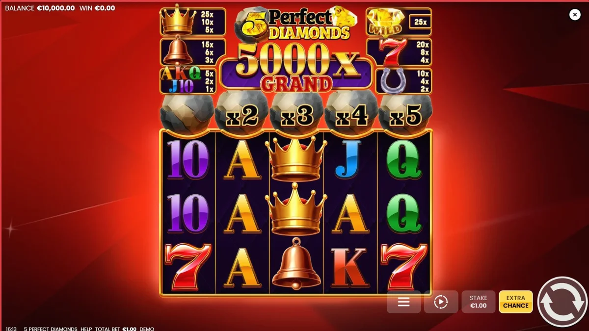 Interface do slot 5 Perfect Diamonds com símbolos clássicos e diamantes brilhantes