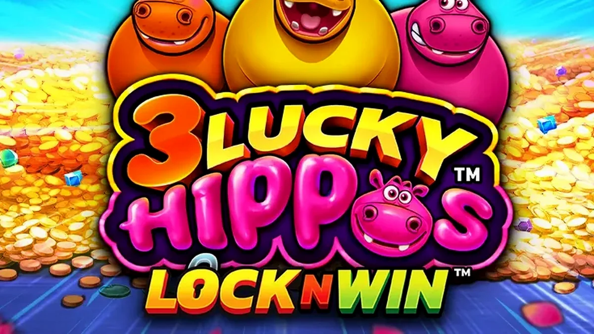 Interface do jogo de slot 3 Lucky Hippos mostrando os personagens principais e a grade de jogo